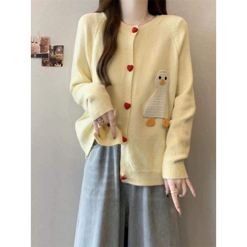 Cartoon Duck Women Cardigan Yellow Long Sleeved Knitted Stand Up Collar Sweater Short Autumn Winter Woman Slimming Top
