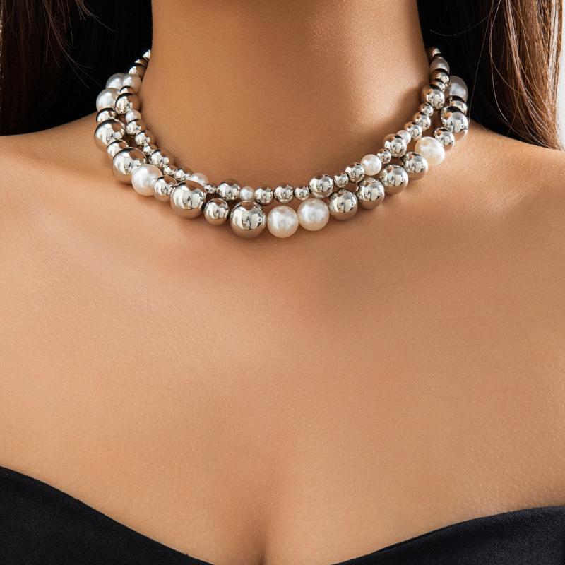 European and American jewelry, exaggerated cyberstyle multi-layer round bead stacking necklace, simple and personalized beaded necklace