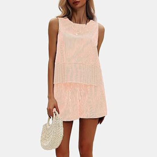 Γυναικεία καλοκαιρινά 2 τεμάχια, σετ αμάνικα σορτς με φανελάκι, casual ριγέ φόρμα, σετ για διακοπές και παραλία, ασορτί σετ