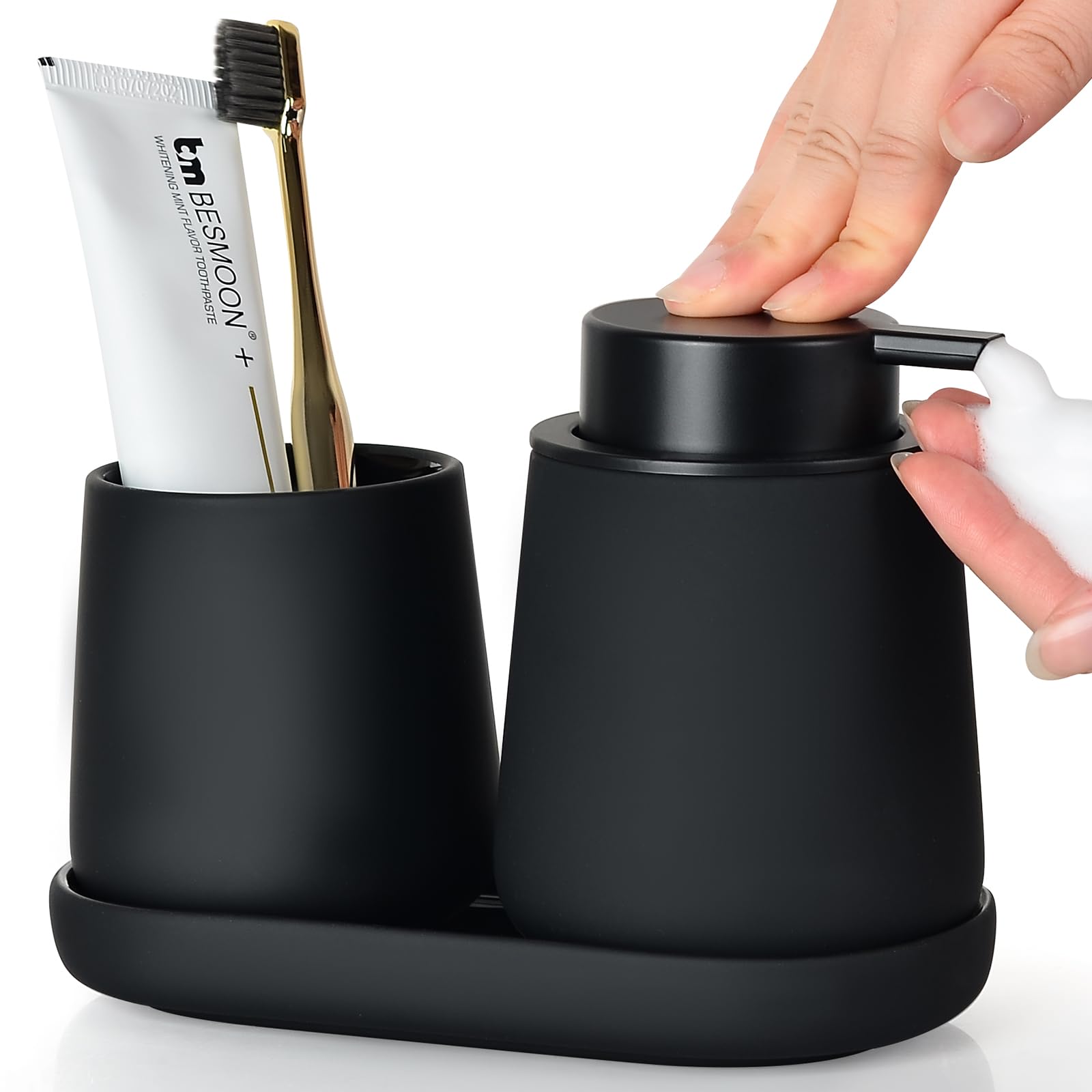 

Диспенсер для мыла Umlaca, набор из 3 предметов, керамический пенящийся дозатор для мыла, набор для хранения зубных щеток, набор для умывальника, насосного типа, 320 мл, многоразовая бутылка для ванной комнаты чёрный