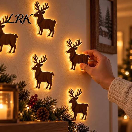 Holiday Wall Hanging Signs 7Pcs 3D Light-Up Wooden Reindeer Christmas Decor with Warm LED Backlight, Peel And Magical Atmosphere Stick Rustic Art for