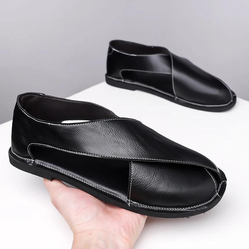 Men Flat Bottom Casual Leather Sandals Summer New British Style  Soft Bottom Anti-Slip Business Shoes Breathable Roman Sandals