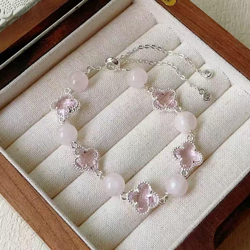 Natural Amethyst Citrine Clear Quartz Rose Four Leaf Clover Charm Bracelet Women 2025 Floral Style