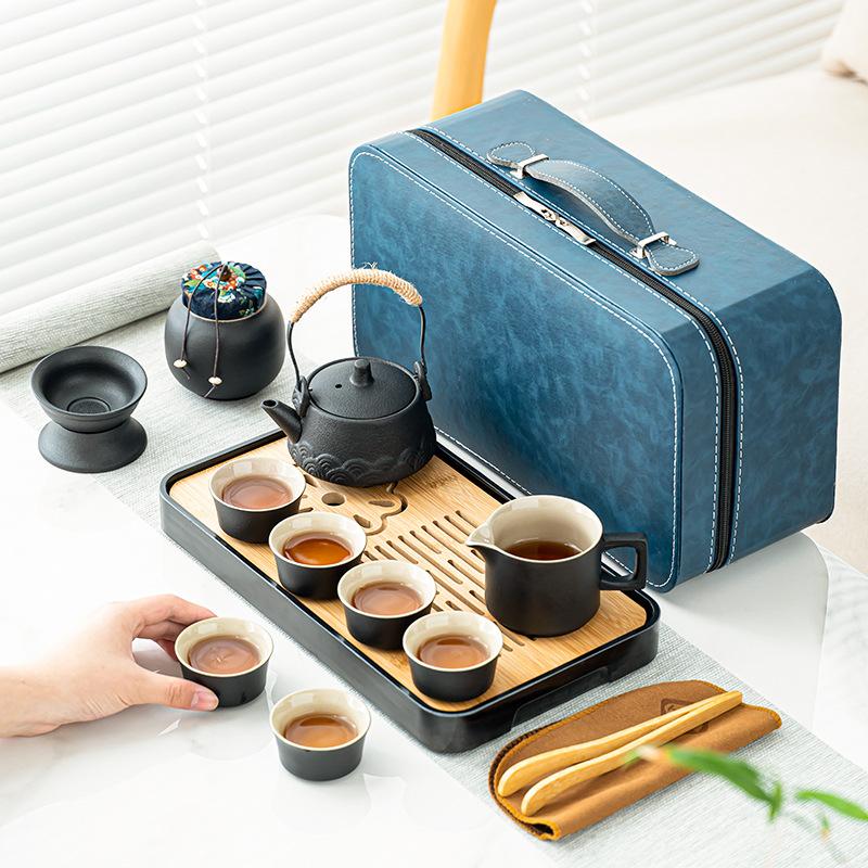 Travel tea set Outdoor portable teapot Household Kung Fu tea set Tea tray Ceramic business gift