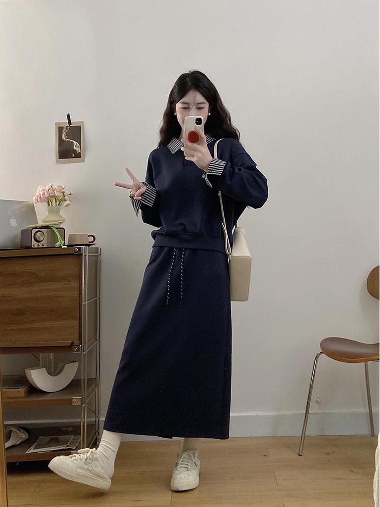 Autumn 2025 Plus Size Women's Patchwork Sweatshirt & High Waist Midi Skirt Set