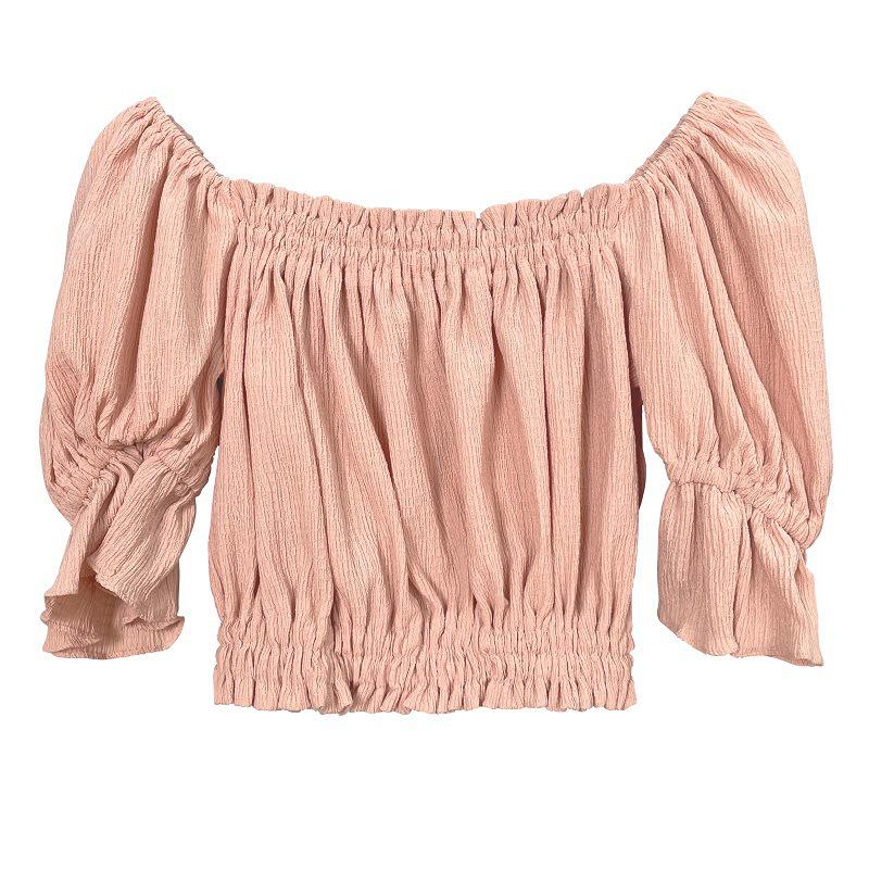 Korean Ruffled Off-Shoulder Puff Sleeve Lace Cropped Top