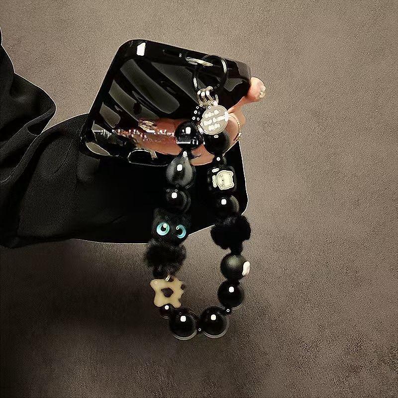 

Роскошный черный пушистый кот ремешок для мобильного телефона с ручкой-цепочкой из бусин, браслет на запястье, противоугонный зажим, аксессуар для сумки чёрный