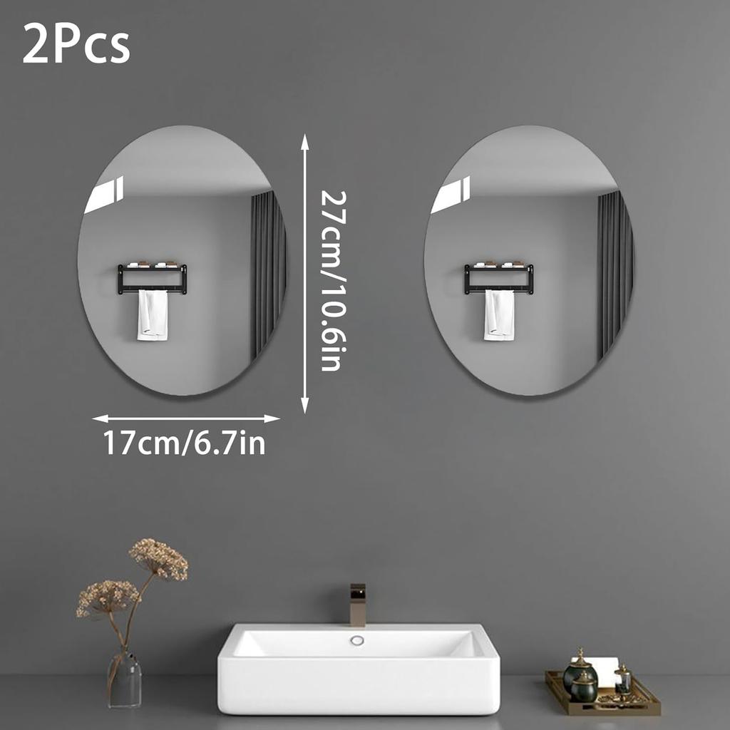 Oval Wall Mirror Non Glass 2Pcs Oval Vanity Mirror Self Adhesive Acrylic Mirror Wall Sticker Flexible Frameless Plastic Mirror Home Decorative Wall
