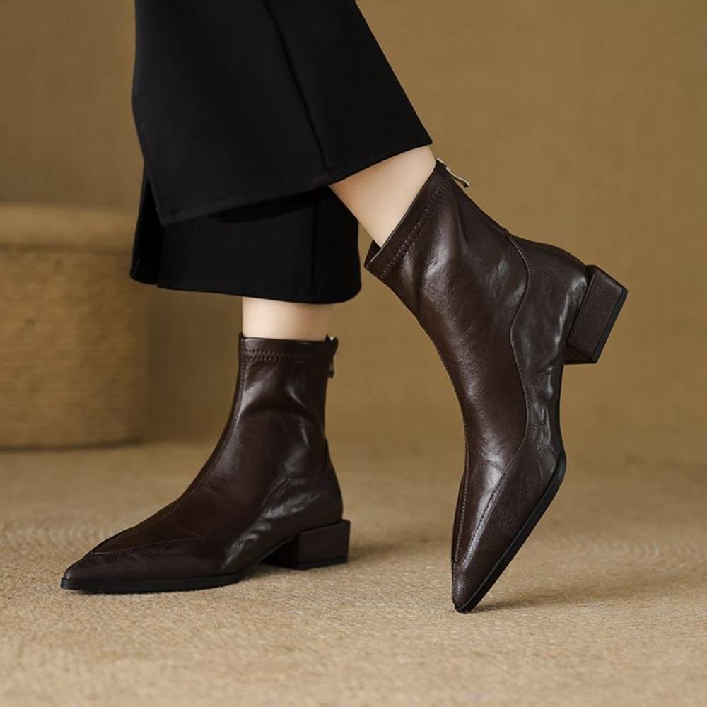 Chelsea Boots Women's Autumn Winter New Thick Heel Bootie Women's Retro Brown Chelsea Boot Pointed Low Heel Elastic Thin Boots