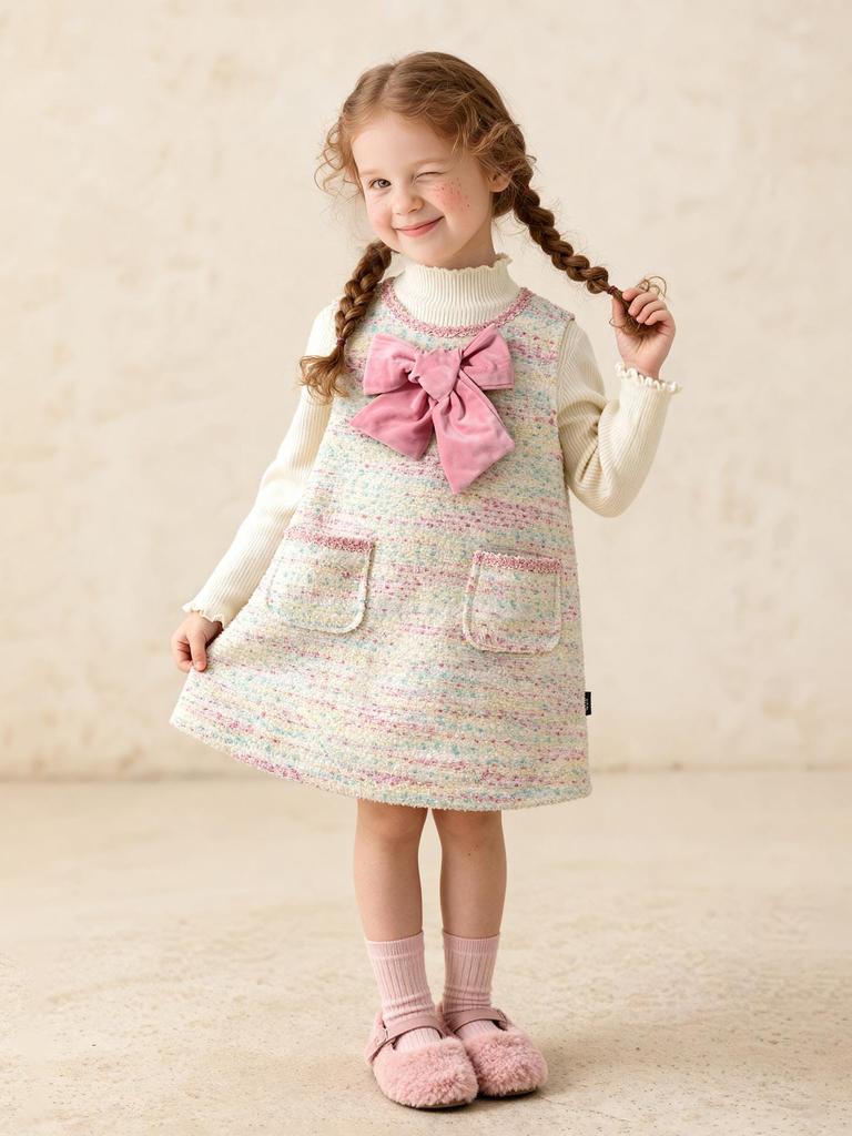Tongbei 2025 Winter Girls' Sweet Bow Wool Sleeveless Dress