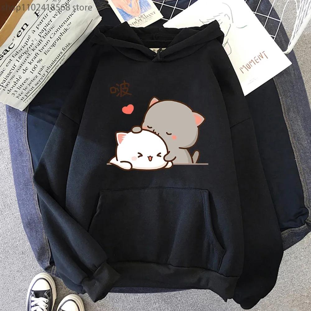 Peach Cat Hoodies Kawaii Clothing Aesthetic Cute Pink Tops Oversized Cartoon Print Sweatshirts Women Warm Streetwear Men