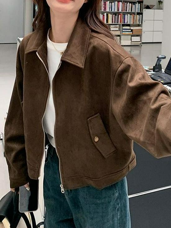 Petite veste de moto en daim style américain pour femme - Marron rétro, Courte, Printemps et Automne