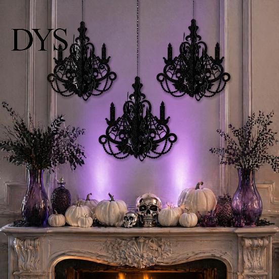 Lightweight Hanging Decorations 3D Candlestick Chandelier Ceiling Ornament, Gothic Halloween Glitter Matte Black Holiday Decor Decoration for