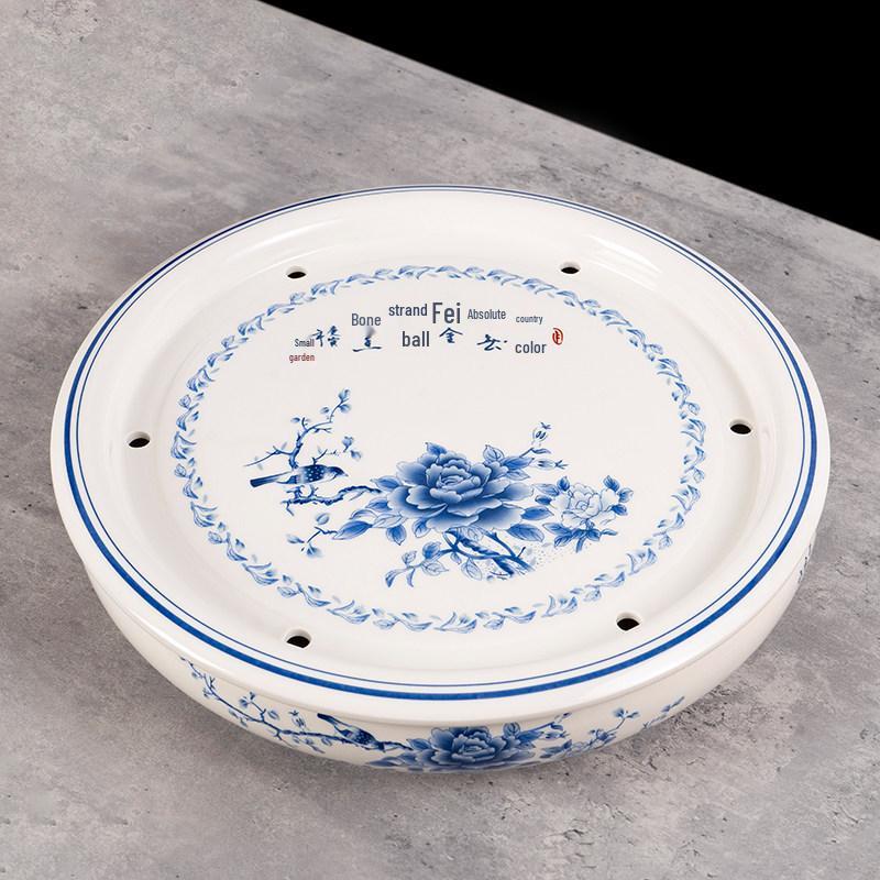 14-inch Ceramic Round Tea Tray for Gongfu Tea, with Double-Layer Water Storage