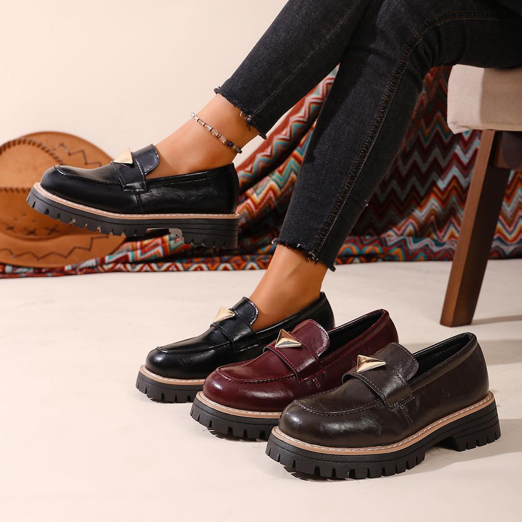 2025 New Cowhide/cow Anti-leather Round Head Metal Buckle Platform Loafers 4CM Square Heel Casual Single Shoes Women's Shoes