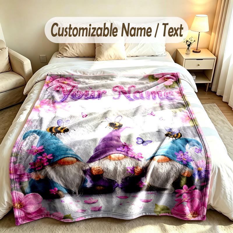 Gnome Theme Custom Blanket Personalized Name & Text Customized Soft Warm Throw Blanket Home Decor