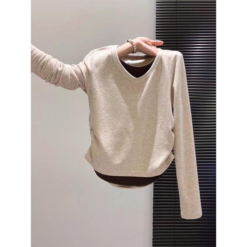 

Women s Black Cotton Long-Sleeve Faux Two-Piece T-Shirt, INS Fashion, Versatile, Slimming, Unique, Age-Reducing Small