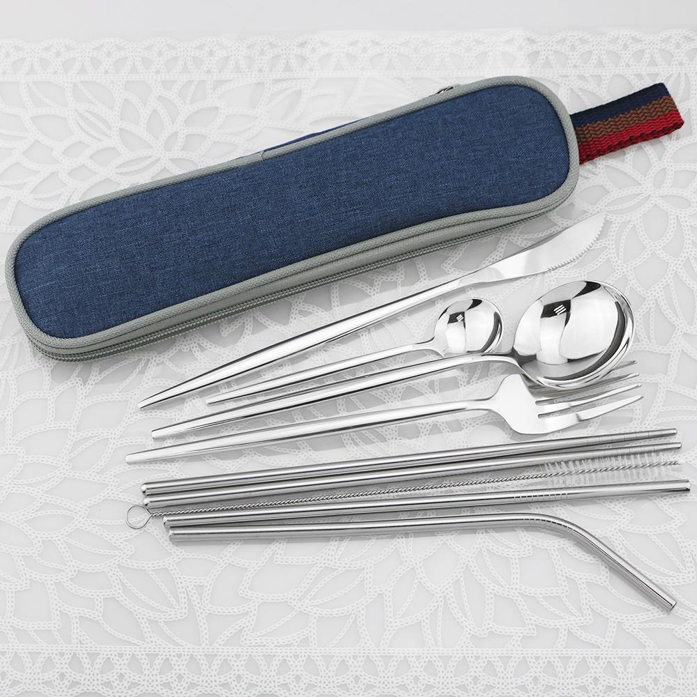 9pcs/Set Travel Cutlery Set Portable Gold Dinnerware Set Stainless Steel Tableware Set With Metal Straw Brush Chopsticks Bag