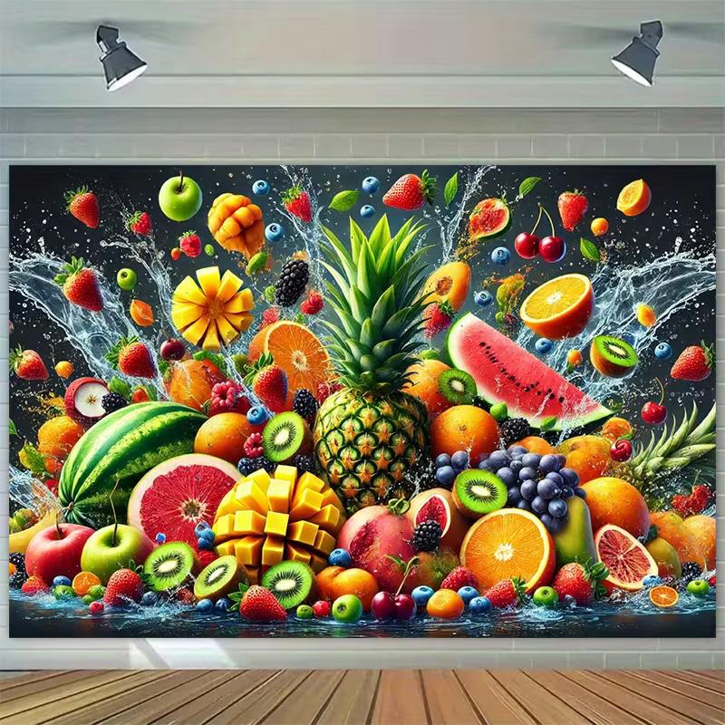 2D Healthy Food Tapestry, Colorful Tropical Fruits Background Cloth
