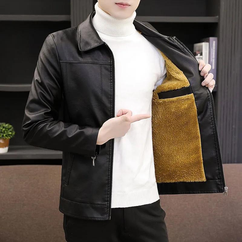 Men's Autumn WinterFleece Warm Handsome PU Leather Jacket