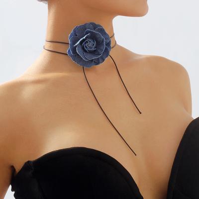 N11261 French Small Fragrant Denim Blue Rose Necklace, Retro Spice Girl Strap Choker Collarbone Chain