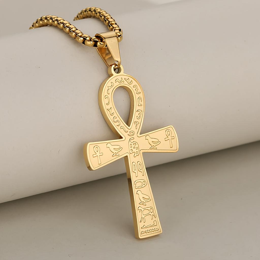 Vintage Waterproof Non-Allergic Stainless Steel Ancient Egyptian Ankh Symbol Pendant Necklace for Men | 18K Gold Plated, Suitable for Daily Wear