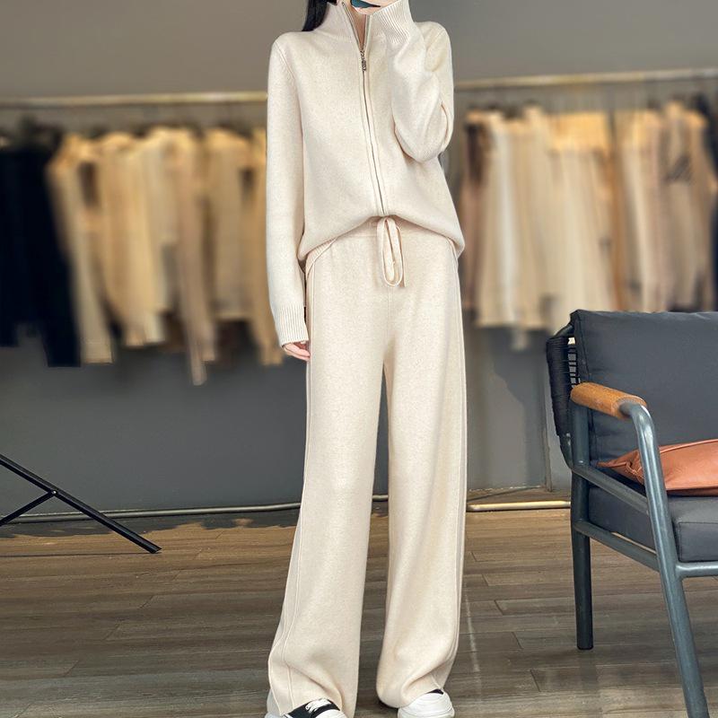 2026 A/W Wool Stand Collar Knit Cardigan & High Waist Wide Leg Pants Set