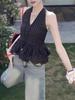 Women's Chic Black Polka Dot Halter V-Neck Slim Fit Summer Vest