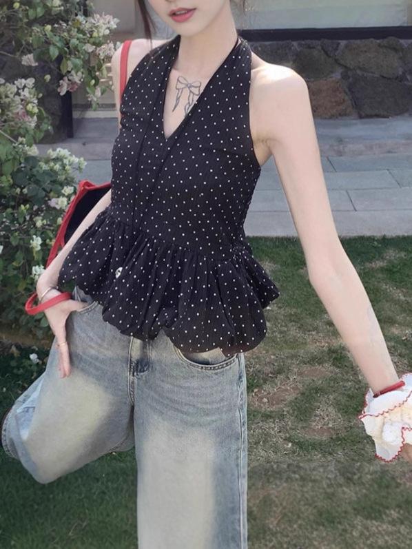 Women's Chic Black Polka Dot Halter V-Neck Slim Fit Summer Vest