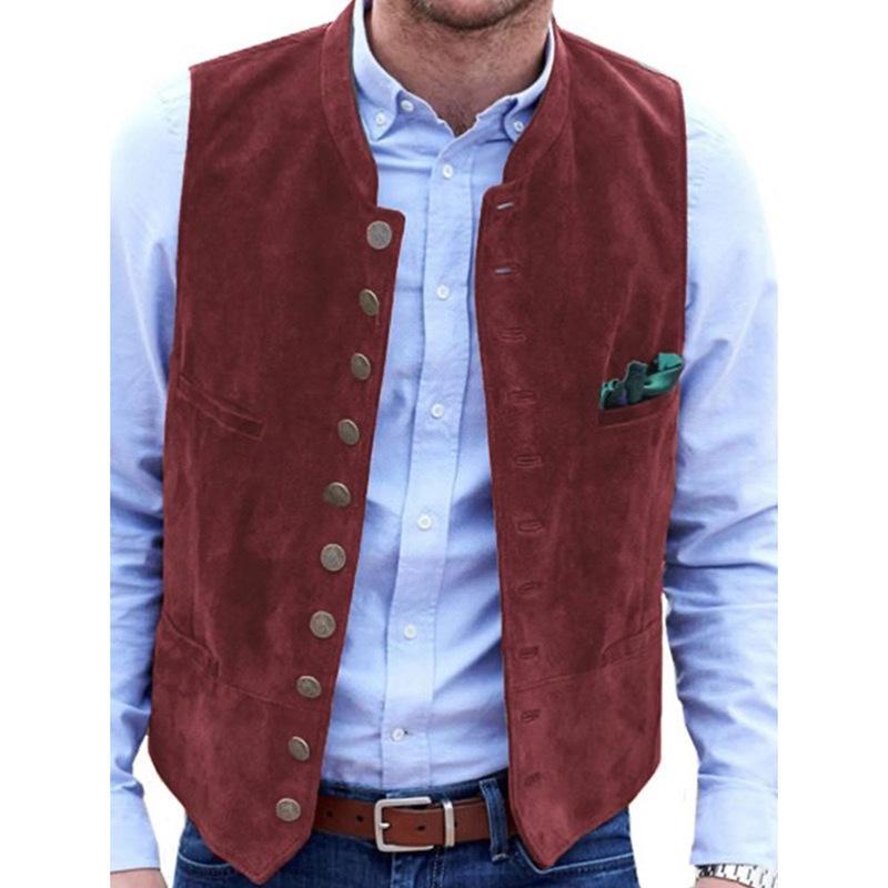 Gilet in Camoscio da Uomo con Tasche Multiple, Collo Alto, Gilet Casual da Lavoro in Marrone, Nero, Rosso Vino, Blu, Verde Oliva