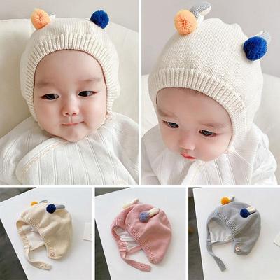 Niedliche Pompon Baby Strickmütze Herbst Winter Warm Säugling Junge Mädchen Beanie Mütze Weich Dick Wollig Neugeborenes Kleinkind Ohrenschutz Mütze Bonnet