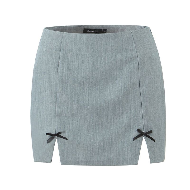 

Berlin Fragrant American Sweet and Spicy Style Lei Series Slim-Fit Bow Halterneck Small Top + Split Skirt Two-piece Set Gray overskirt L