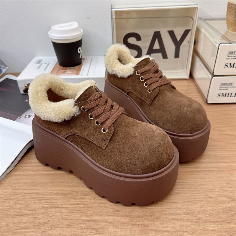 Height Increase and Thin Fluffy Shoes Bag Head Big Head Half Drag Women's Shoes Versatile Muffin Velvet Boken Shoes 2025 Autumn and Winter