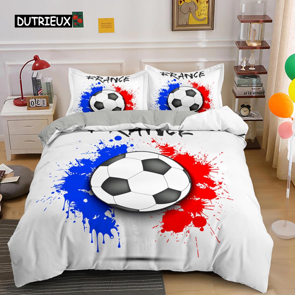 Set de cuvertură de pilota fotbal Set de lenjerie de pat fotbal pentru băiat, adolescent, din microfibră, cu tema sportivă, husă de cuvertură, model de minge de fotbal, husă de pilota