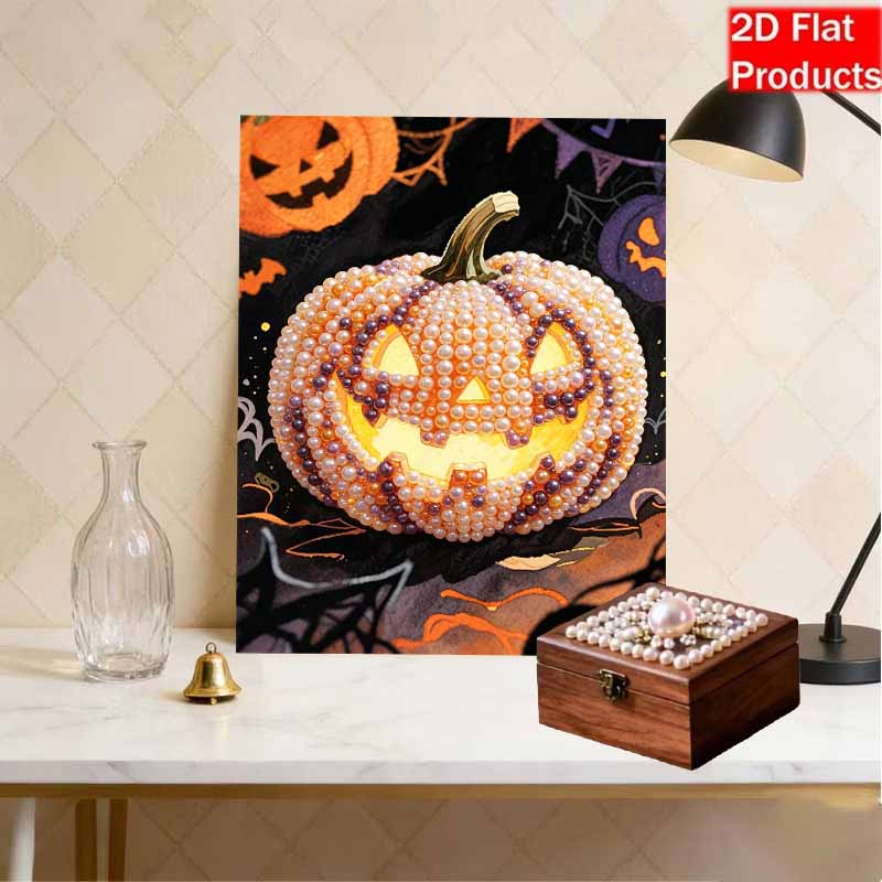 DIY Frameless Pearl Bead Painting Kit Halloween Jacko'Lantern Sparkling Canvas Art Creative Gift for Craft Lovers