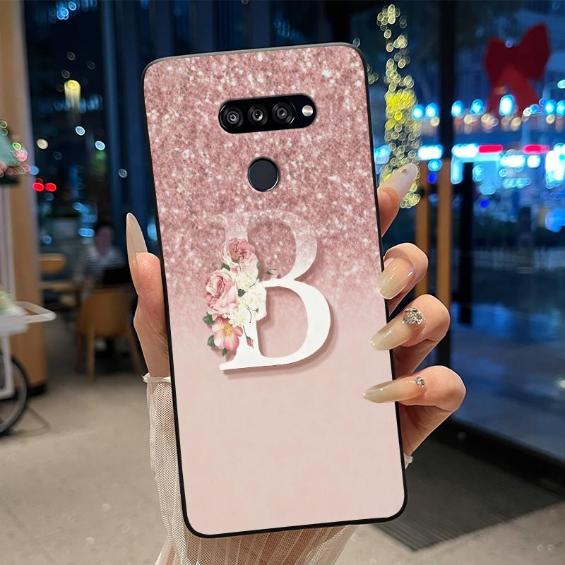 

Pink Shiny Starry Sky Phone Case For LG K50S Bumper Silicone Black Case Initial Letter With Flower Printed Shockproof Soft Cover LG K50S