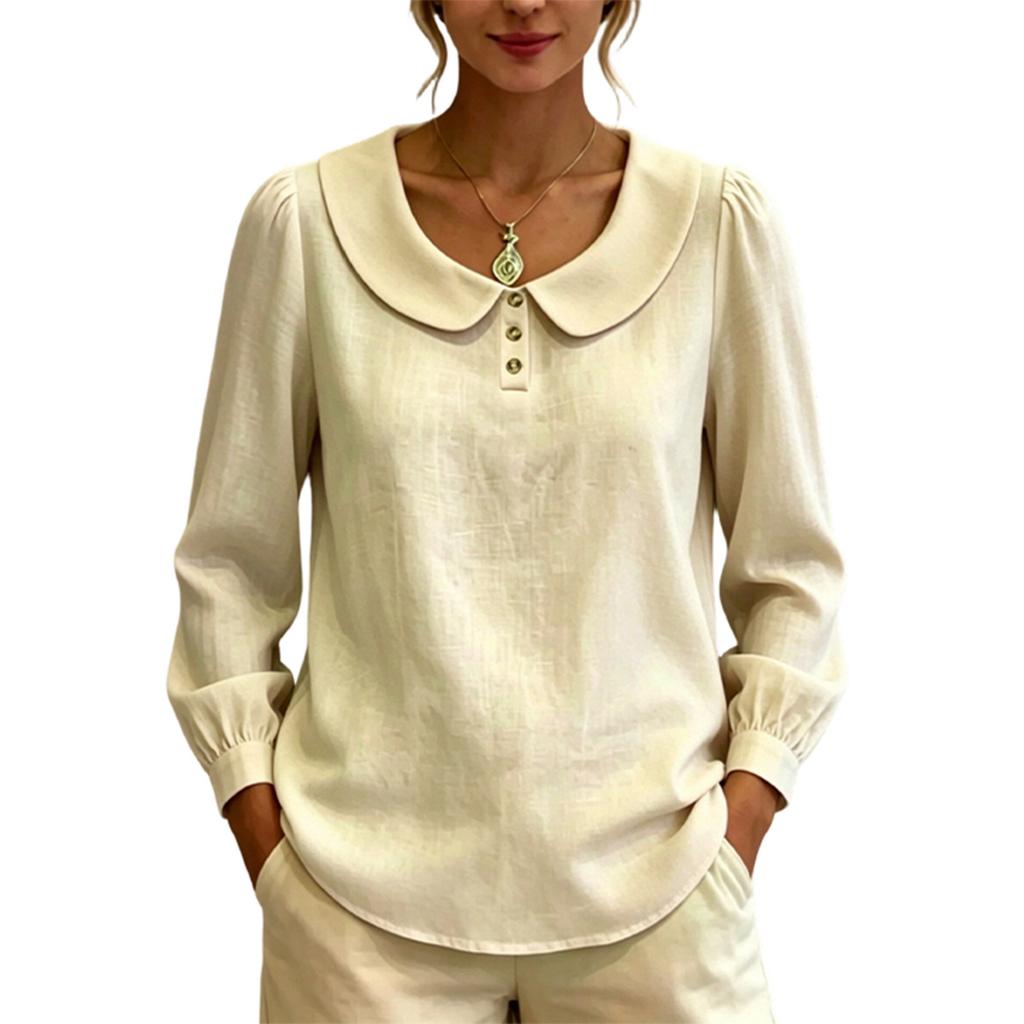 Women Long Sleeve Blouse Loose Fit Peter Pan Collar Shirt Breathable Puff Sleeve Top Casual Workwear