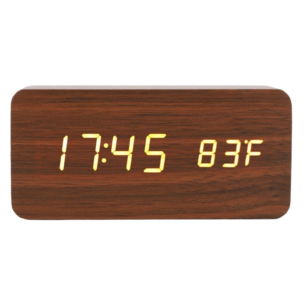 

Temperature Display Wood Digital Clock Voice Activated Electronic Alarm Clock Nightstand Brown