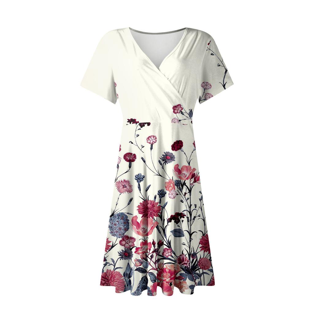 Women's Summer Dress Loose Beach Vacation Casual Deep V Neck Short Sleeve Dress Elegant Dress