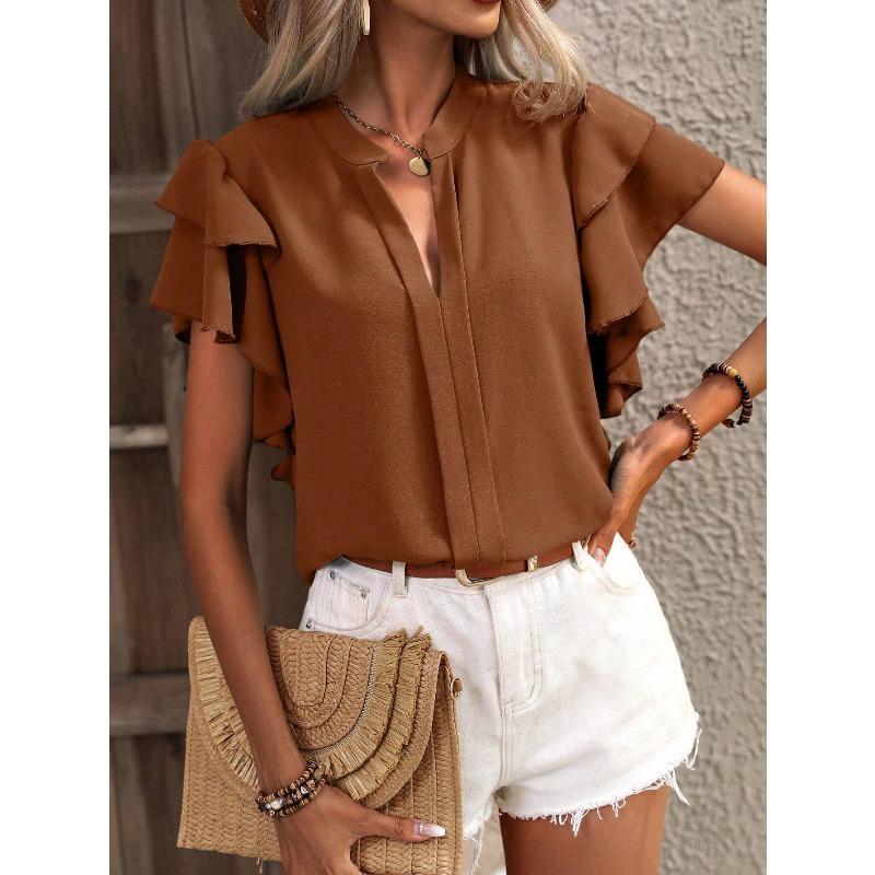 Damenhemd Sommer Neu V-Ausschnitt Lässig Rüschen Kurzarm Einfarbig Locker Hemd Oberteile Damen Elegant Mode Lässig Damenblusen