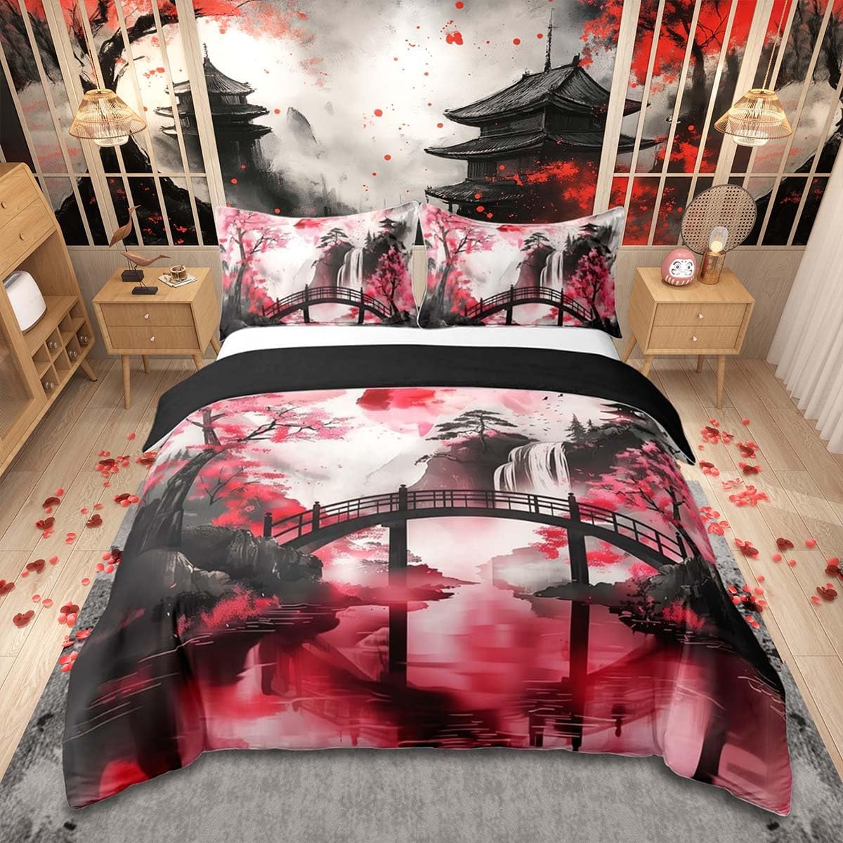 Ensemble de literie Anime japonais Taille double Japon Fleur de cerisier Montagne Soleil Avec 2 taies d'oreiller Housse Art à l'encre abstraite EU single(135x200cm)