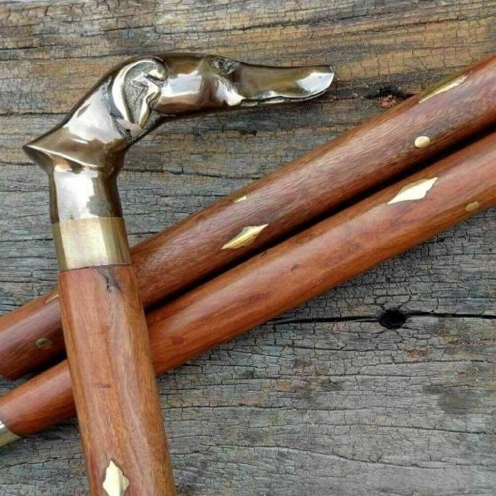 Antik spaserstokk med hundehodehåndtak i messing, håndlaget trestokk, 93,98 cm