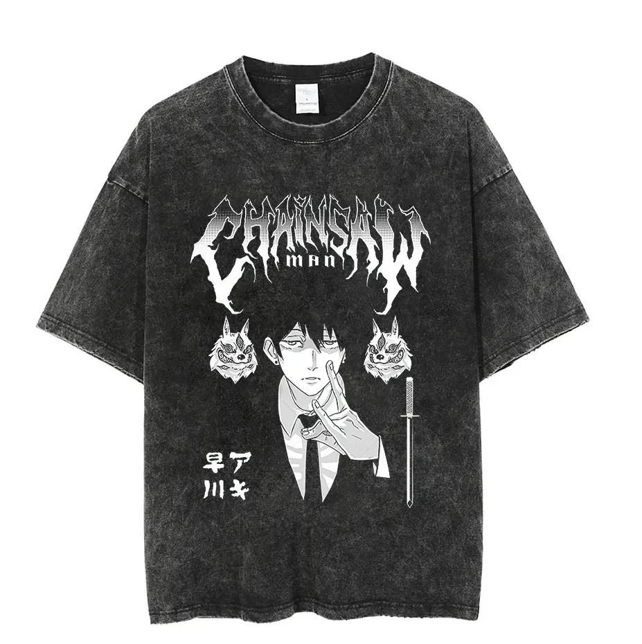 Vintage Washed Tshirts Chainsaw Man Anime T Shirt for Men Women Harajuku Oversize Tee Cotton Fashion Streetwear Unisex Tops