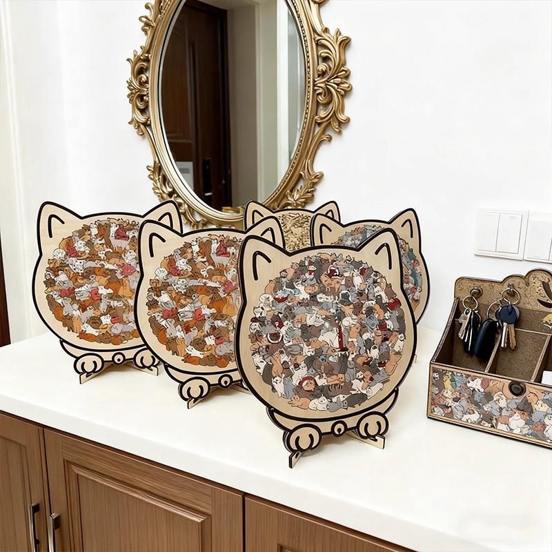 Cat Wooden Jigsaw Puzzle Irregular Shape Decompression Toy Unique Animal Puzzle with Frame Home Decor Gift for Adults Kids