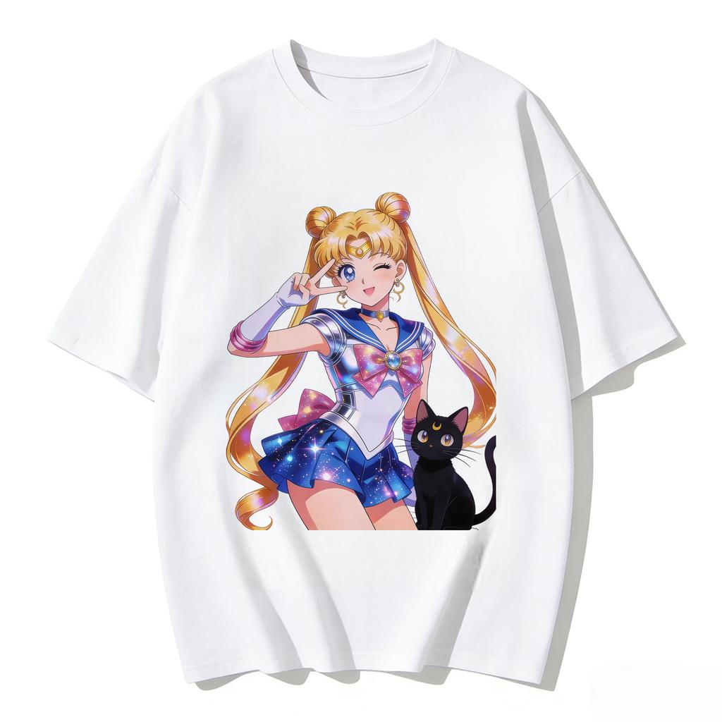 Summer  Hot Sailor Moon Tsukino Usagi  Luna Cat T-shirt Print Casual Tee Parent-child Matching Tops Versatile