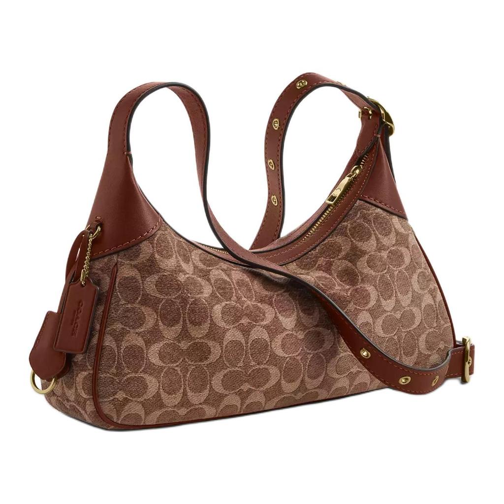 Coach Ella 35 Classic Monogram Print Chenille Velvet And Smooth Leather Tote Shoulder Bag Small Women Bags Light-Khaki Vintage-Brown CDV37-IMYN0