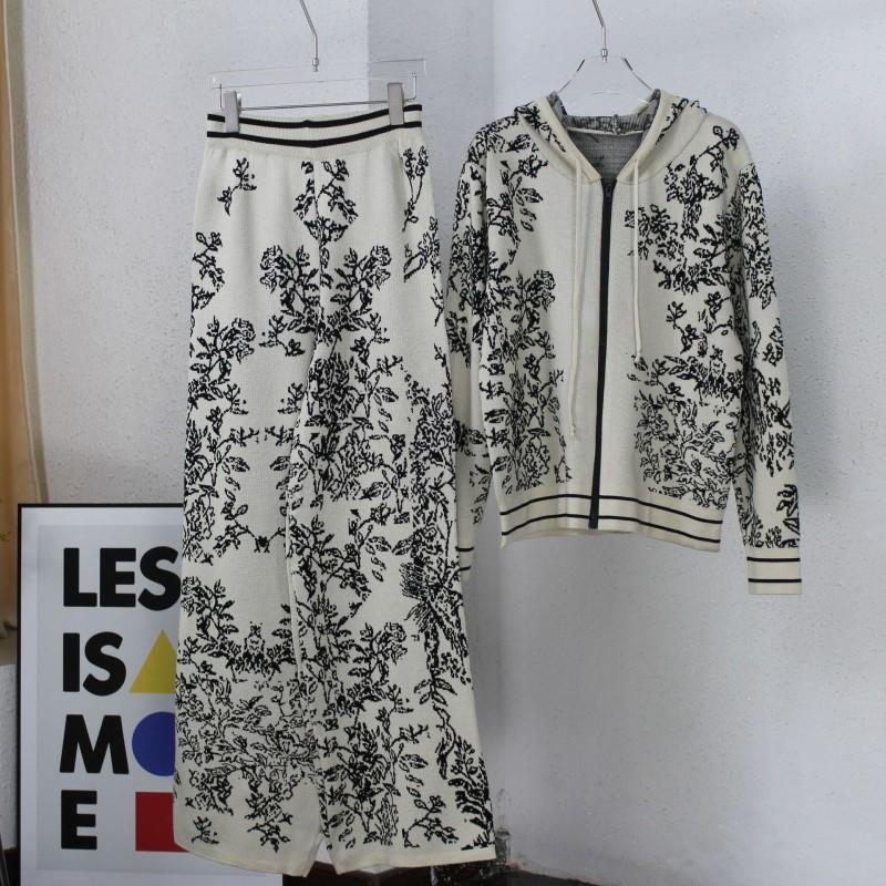 Plant Flower Hooded Coat Wide-leg Pants Two-piece Knitted Top Neutral Wind Suit Women