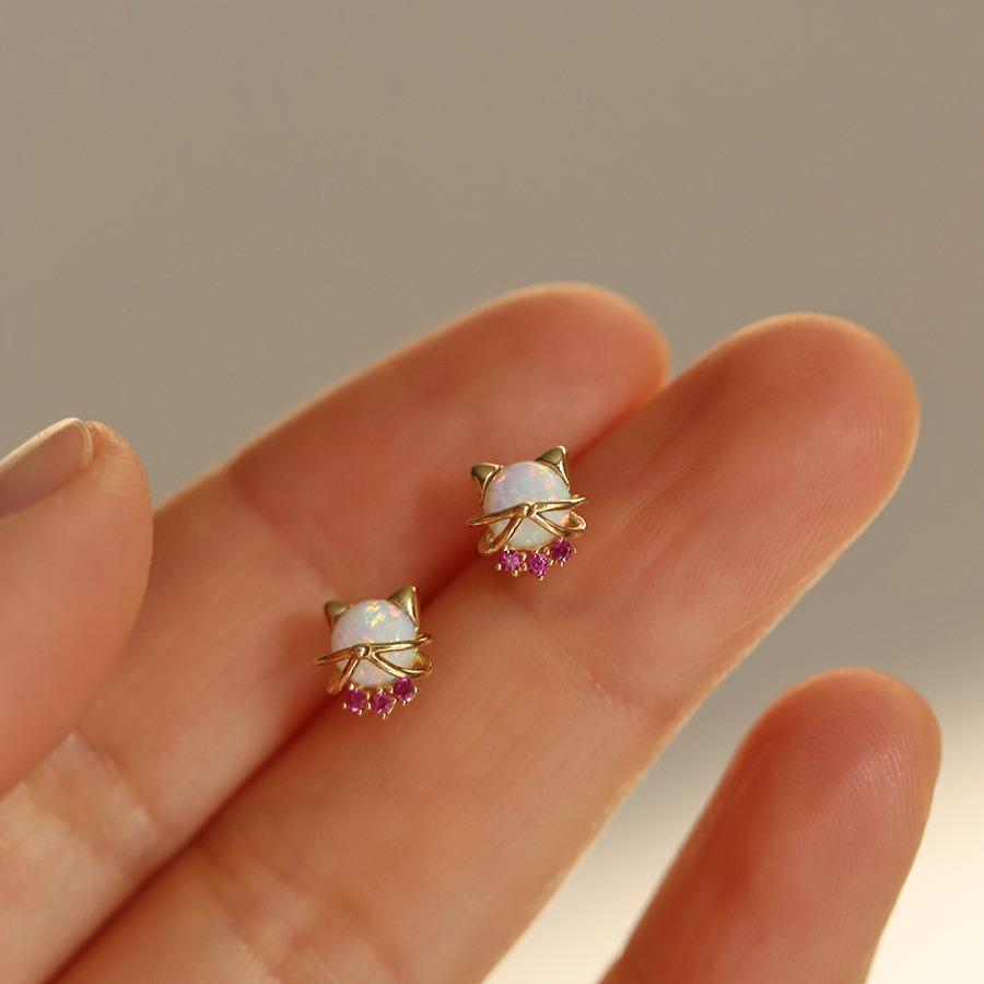 

925 Sterling Silver Plated 14K Gold Cat Head Earrings for Women Imitation Opal Zircon Cute Student Silver Jewelry Gold