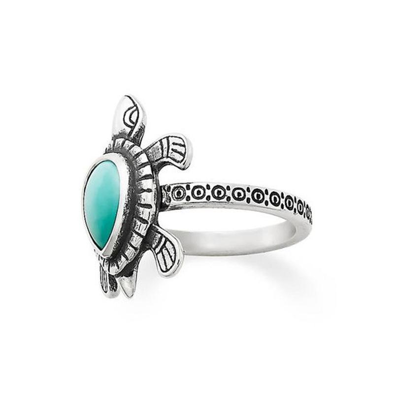 Hot Sale Vintage Ancient Silver Color Carved Green Lovely Sea Turtle Animal Female Ring for Women Party Accessories