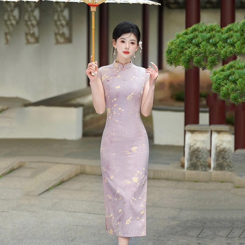 Yellow Sleeveless Long Qipao Dress Women 2025 Retro Chinese Style Linen Silk Blend